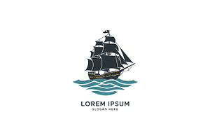 Detailed pirate ship sailing on styl, an Illustration by designvectx