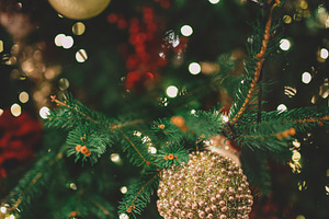 Decorated christmas tree closeup featuring abstract, background, and ball