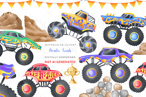 Watercolor Monster Truck Clipart Set