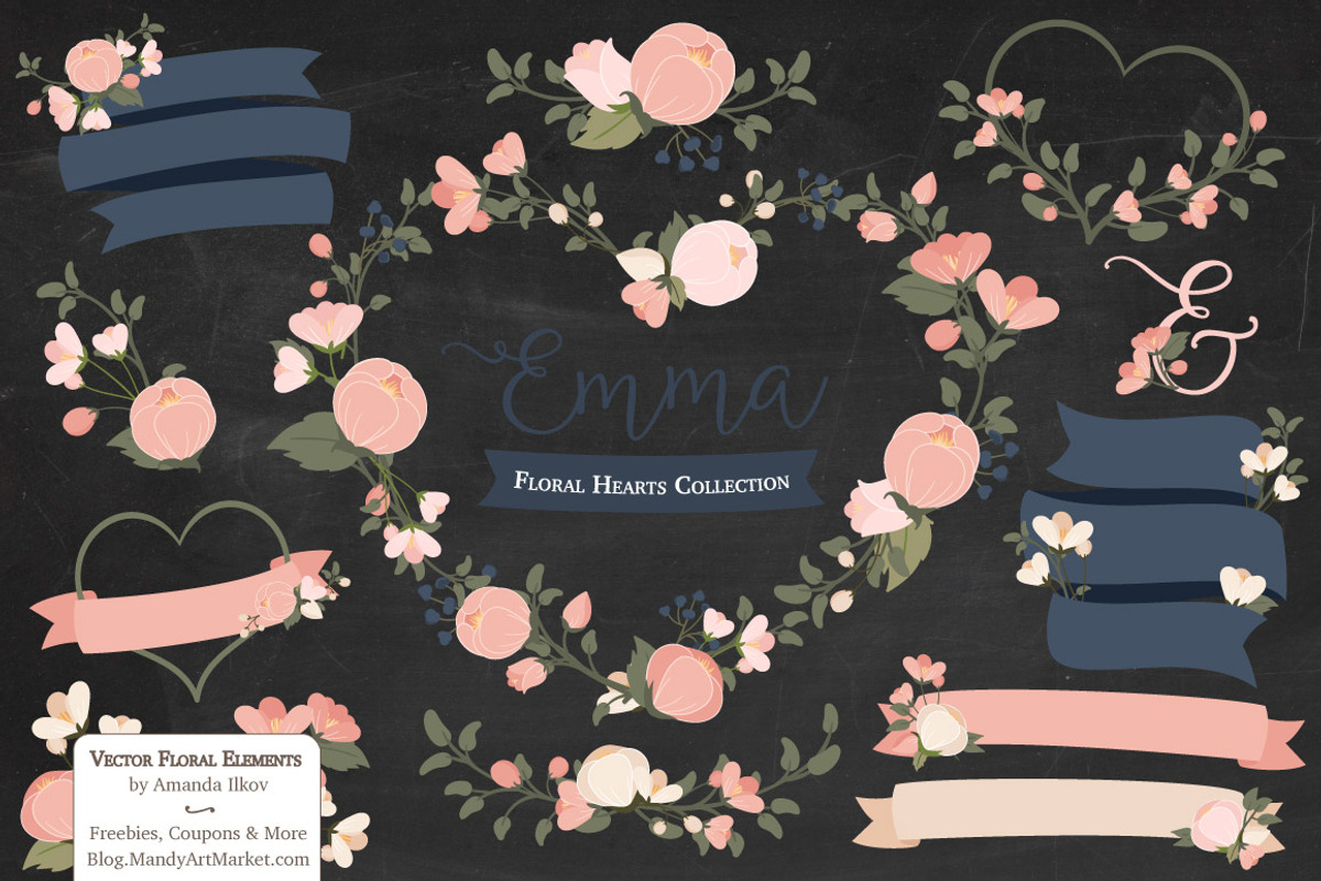 Navy & Blush Floral Heart Clipart, an Illustration by Amanda Ilkov (Photo 2 of 5)