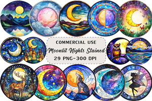Moonlit Nights Stained Glass Clipart, an Illustration by Craft Nest