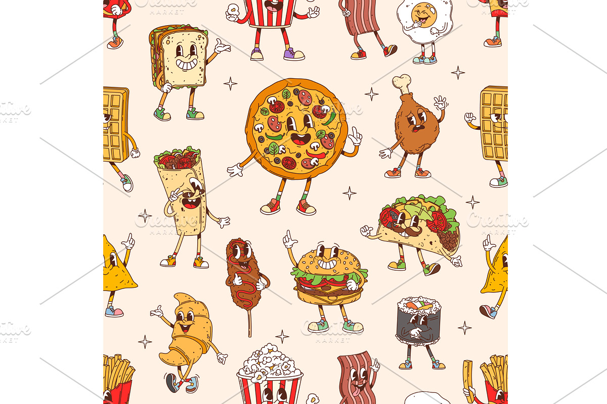 Groovy fast food seamless pattern, a Decorative Illustration by Buch&Bee