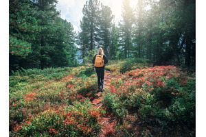 Young woman with yellow backpack, a Nature Photo by den-belitsky
