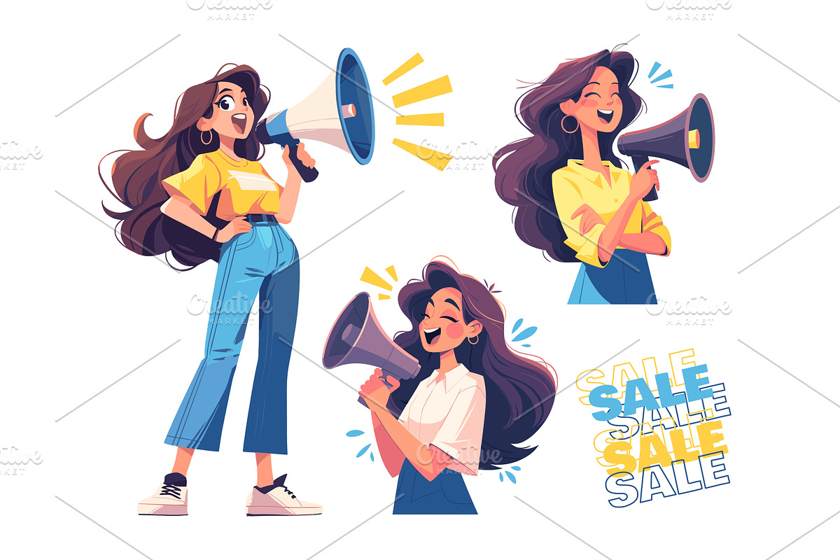Woman with loudspeaker. Girl shouts, a Person Illustration by Stock-Smart-Start