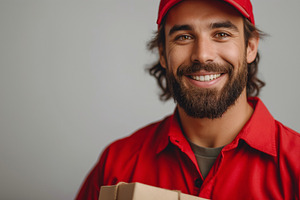 Cheerful male delivery driver in red uniform holding a package, showcasing a fr, a Person Photo by ImageMir