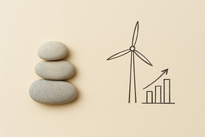 Stacked stones with wind turbine and, a Photo by Dvoevnore photos