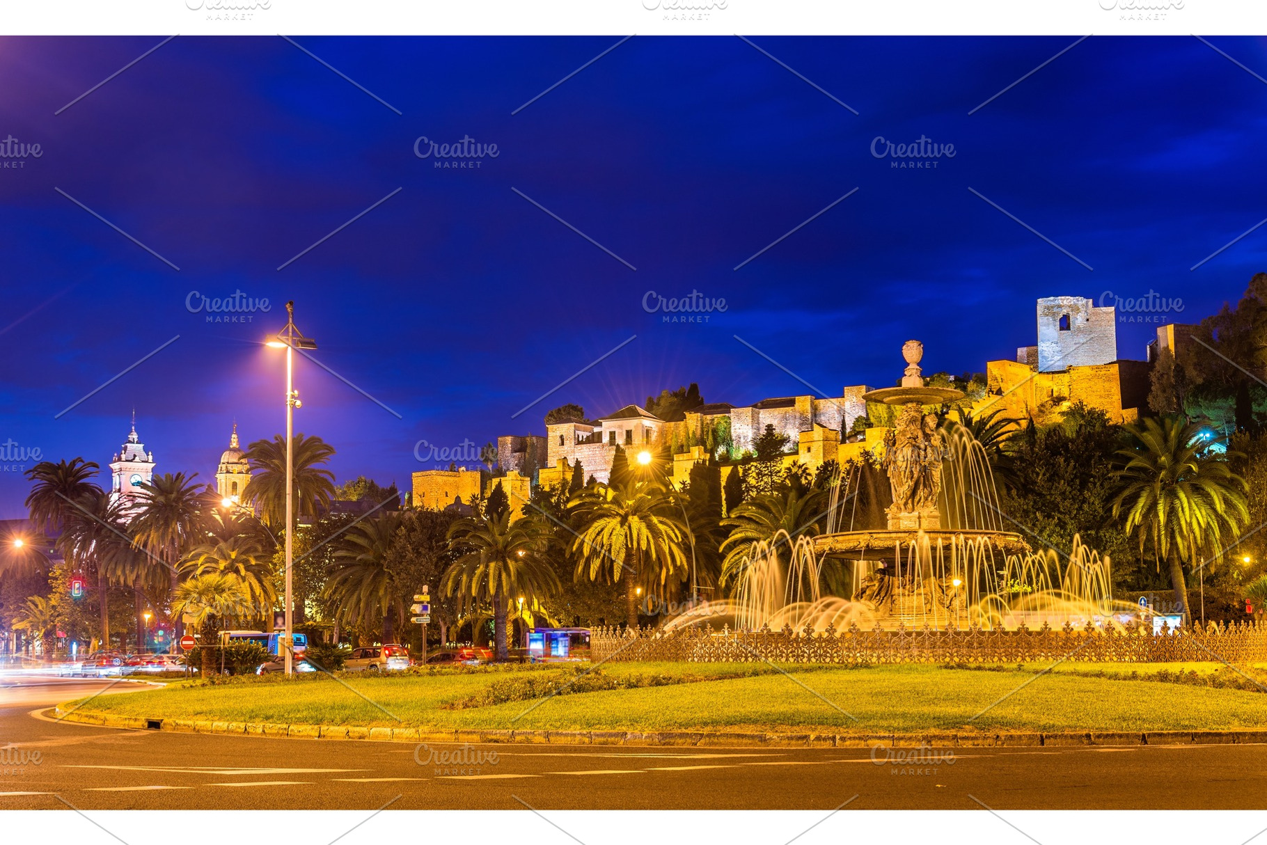 Tres gracias fountain and alcazaba castle in malaga adalusia spain, an Architecture Photo by Leonid Andronov
