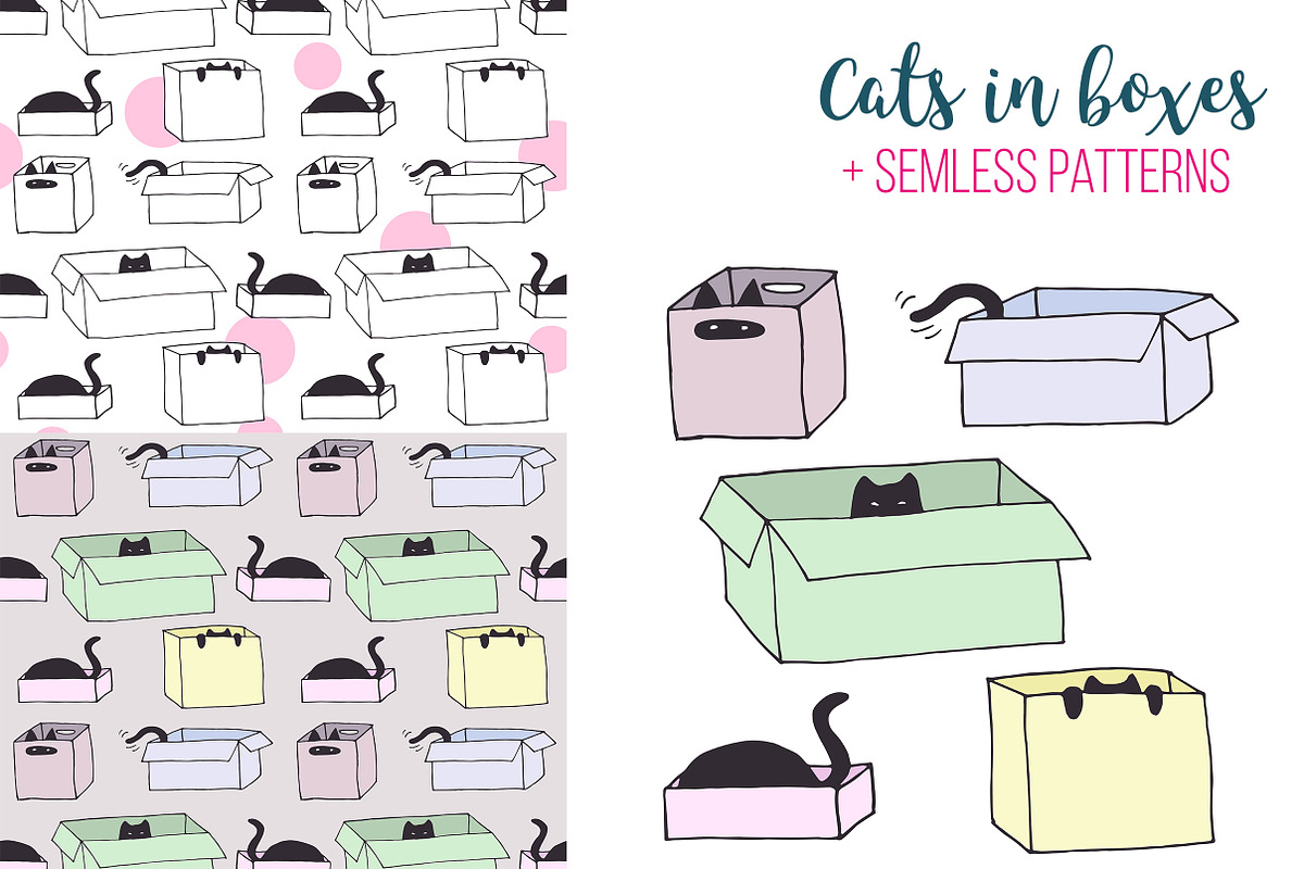 Cute cats in boxes - vector patterns, an Animal Illustration by OKart.studio (Photo 1 of 4)