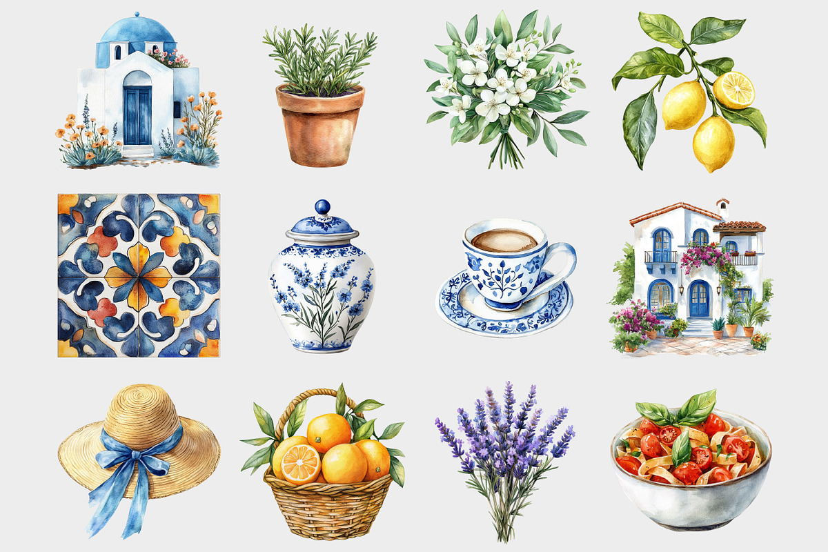 Watercolor Mediterranean Clipart, a Seasonal Illustration by Design Market (Photo 2 of 5)