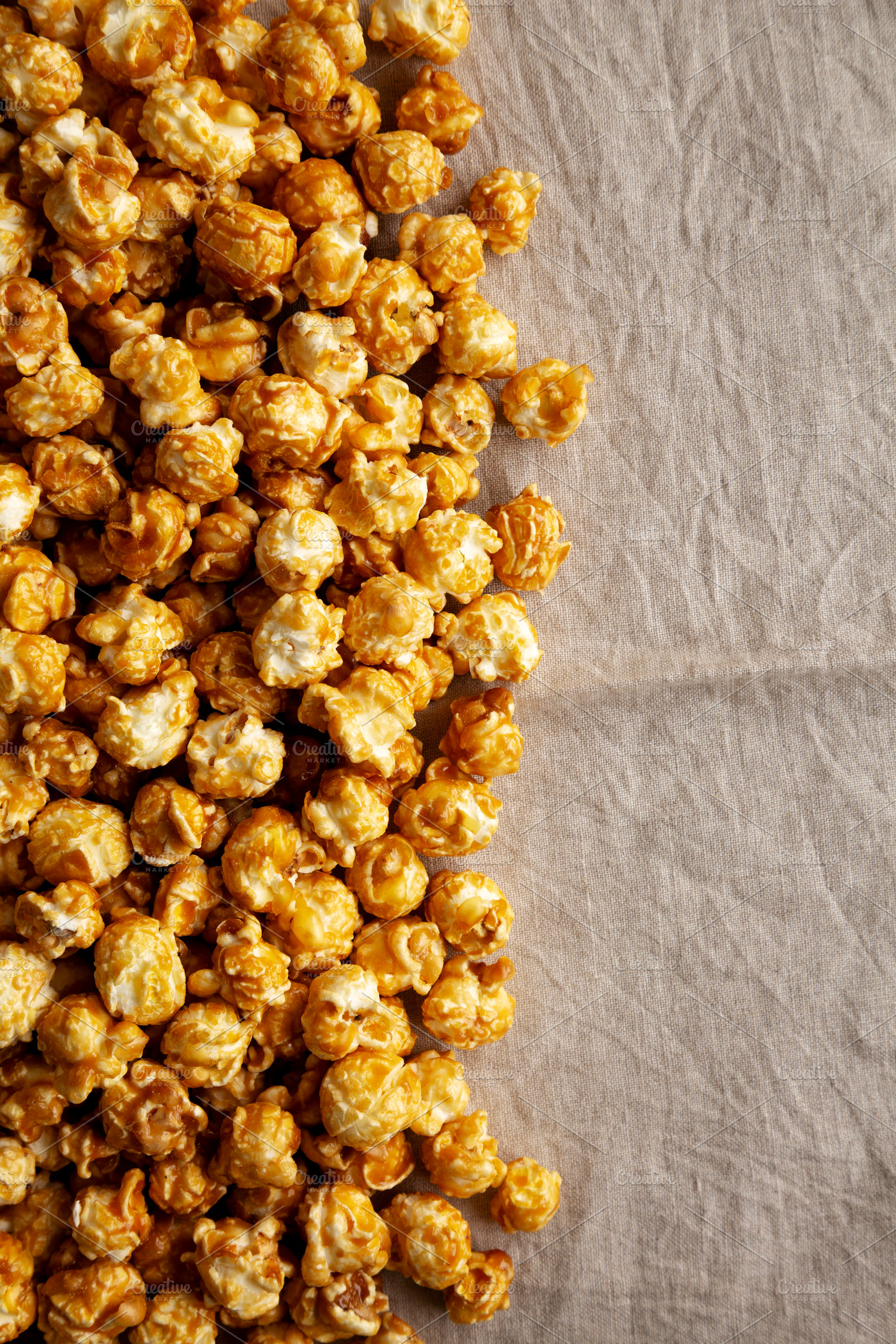 Homemade Caramel Pop Corn, top view. Space for text., a Food & Drink Photo by LiudmylaChuhunova