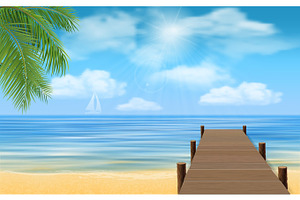 sea beach and wooden jetty