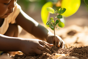 African child planting seedling in sunlight, concept of growth a, a Photo by Dvoevnore photos