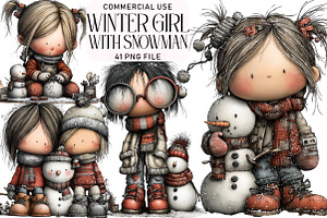 Quirky Winter Girl with Snowman Clip, an Illustration by Daily.Designs