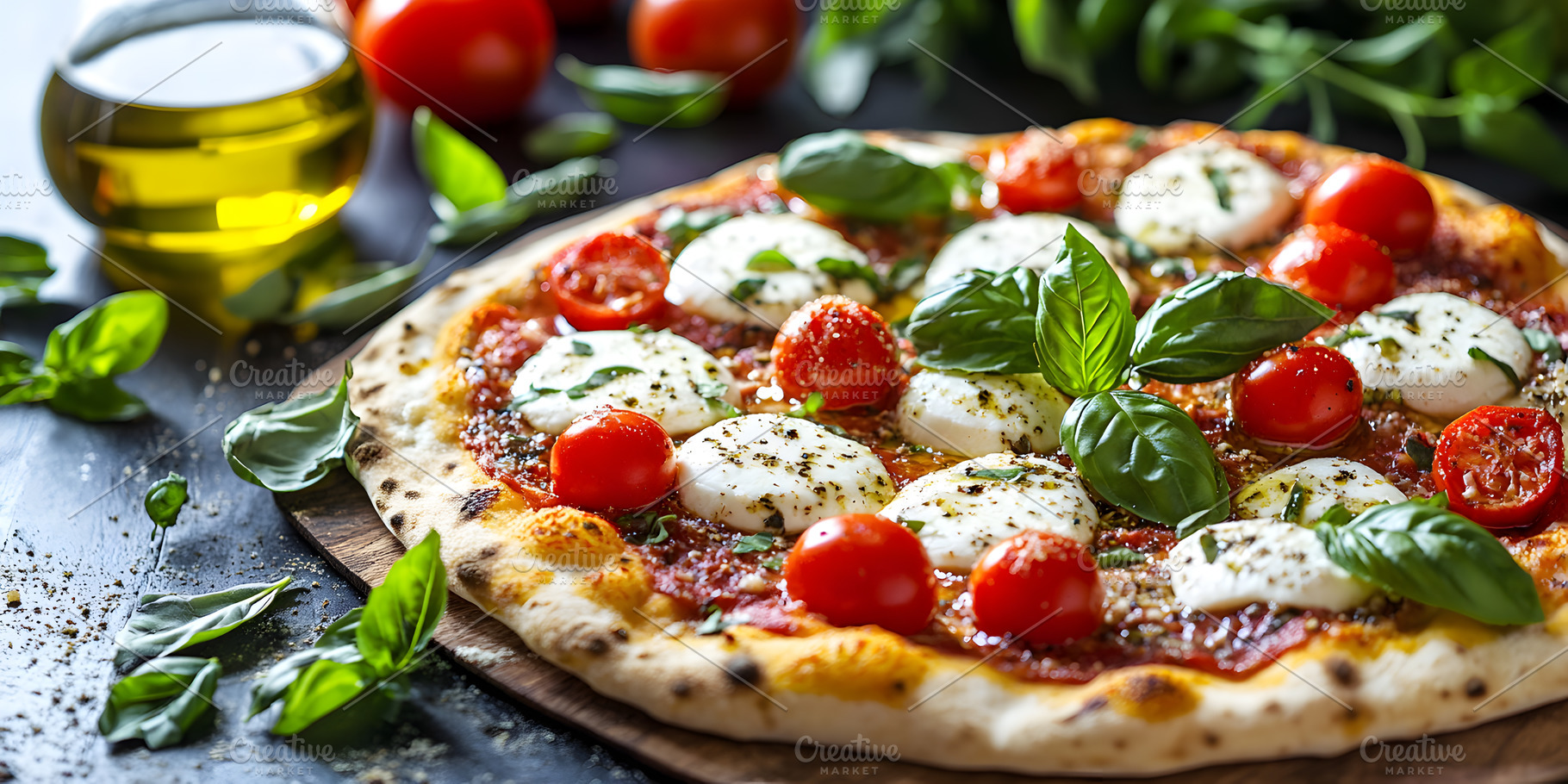 Margherita pizza with mozzarella and, a Food & Drink Photo by Photostock