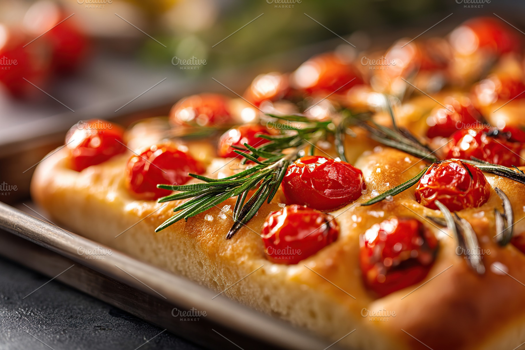 Freshly baked focaccia topped with cherry tomatoes and rosemary for a delightfu, a Food & Drink Photo by AlyaAnd