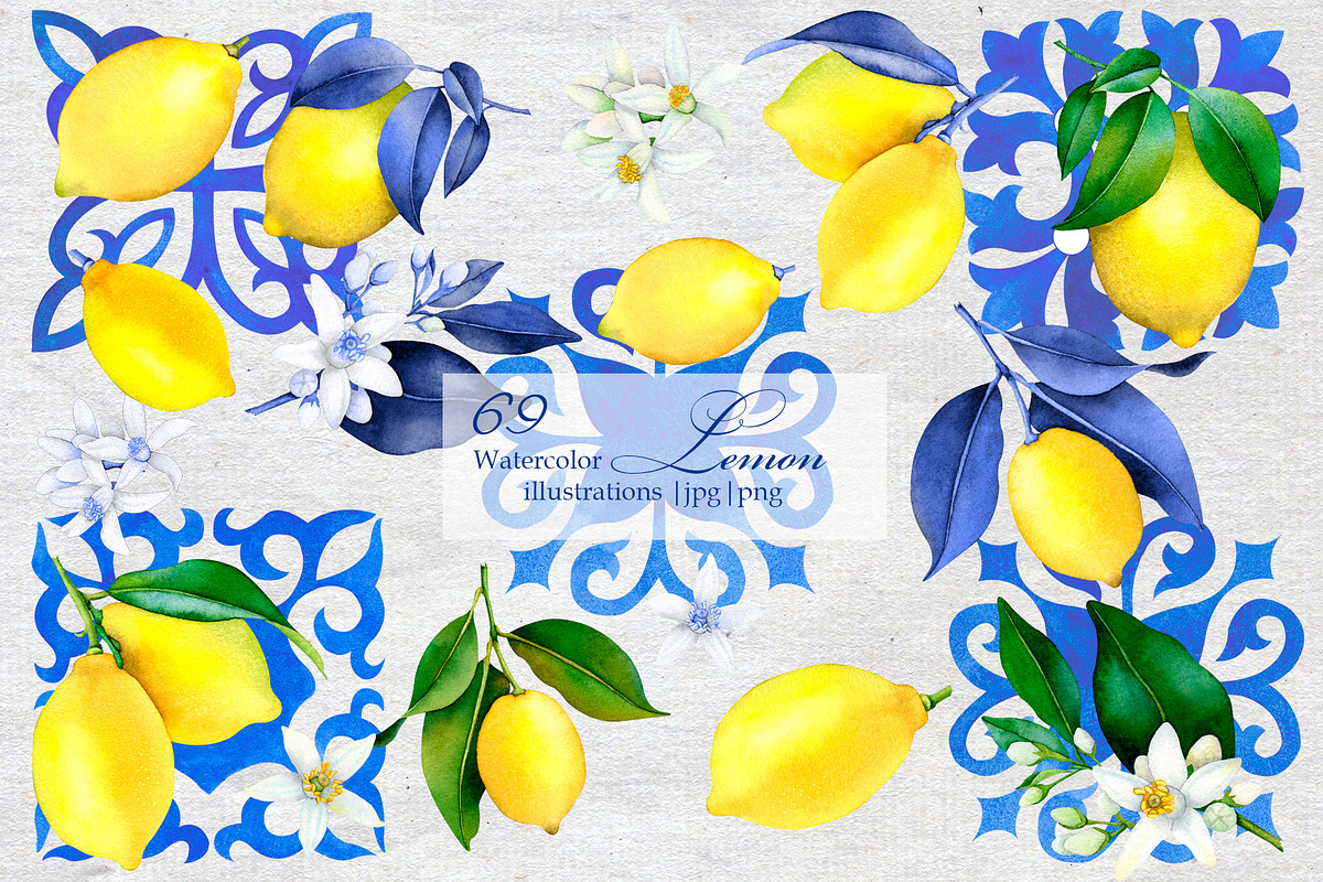 Watercolor Lemon Tiles 69 Assets, a Decorative Illustration by SunnJaneArt (Photo 1 of 14)