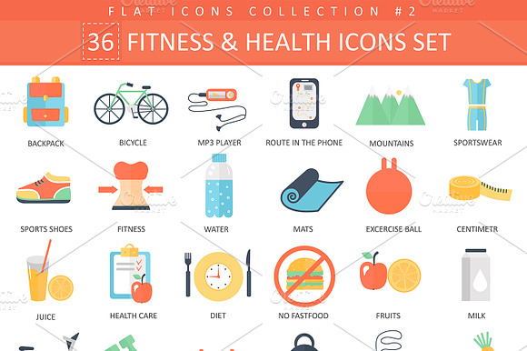 36 Fitness Health Flat Icons Set.