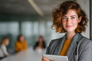 Confident businesswoman holding tabl, a Photo by Pixeness Studio