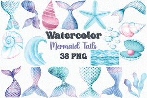 Watercolor Mermaid Tails Clipart Set, an Illustration by CropUp Creative
