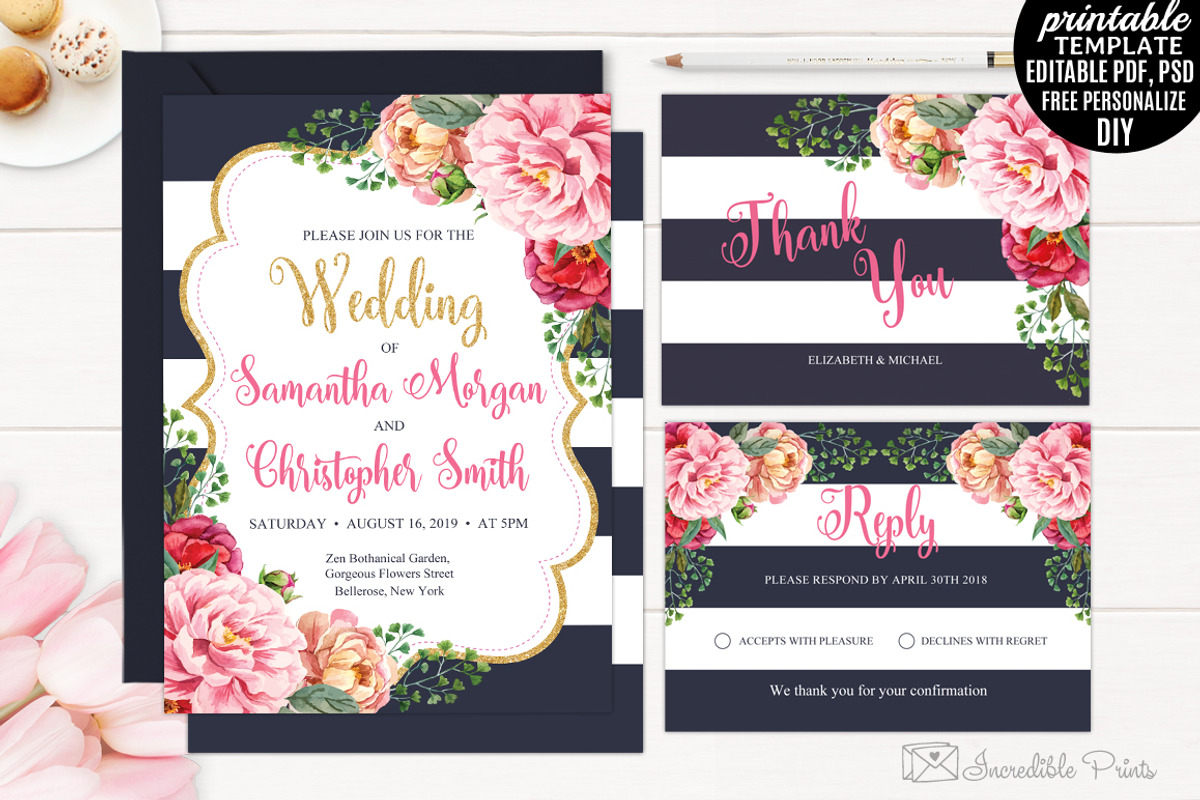 Navy and Gold Floral Wedding Invite, an Invitation Template by Blush Roses Print