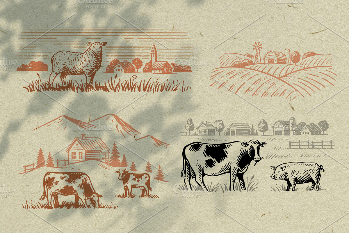 Vintage village. Vector set., an Animal Illustration by bioraven (Photo 7 of 13)