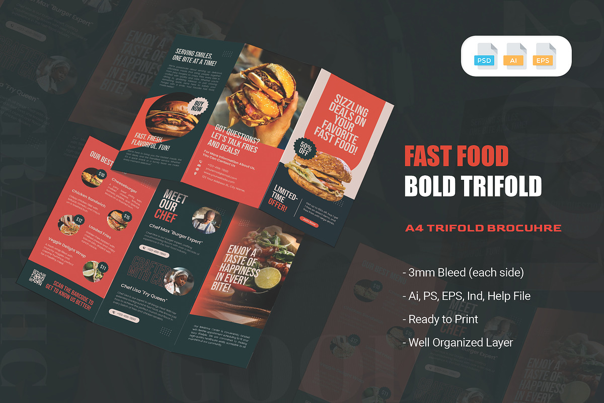 Fast Food Bold - Trifold Brochure, a Brochure Template by AQR Studio (Photo 1 of 2)