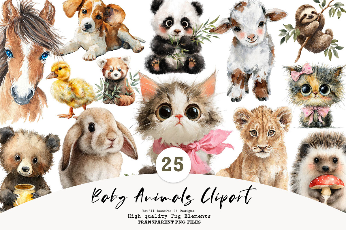 Watercolor Baby Animals Clipart, a Seasonal Illustration by CreationArt (Photo 1 of 7)