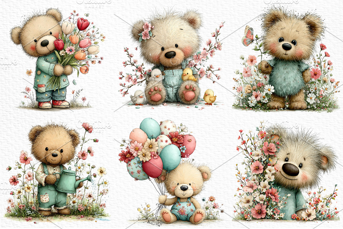 Whimsical Spring Teddy Bear Clipart, an Illustration by Craft Nest (Photo 3 of 11)
