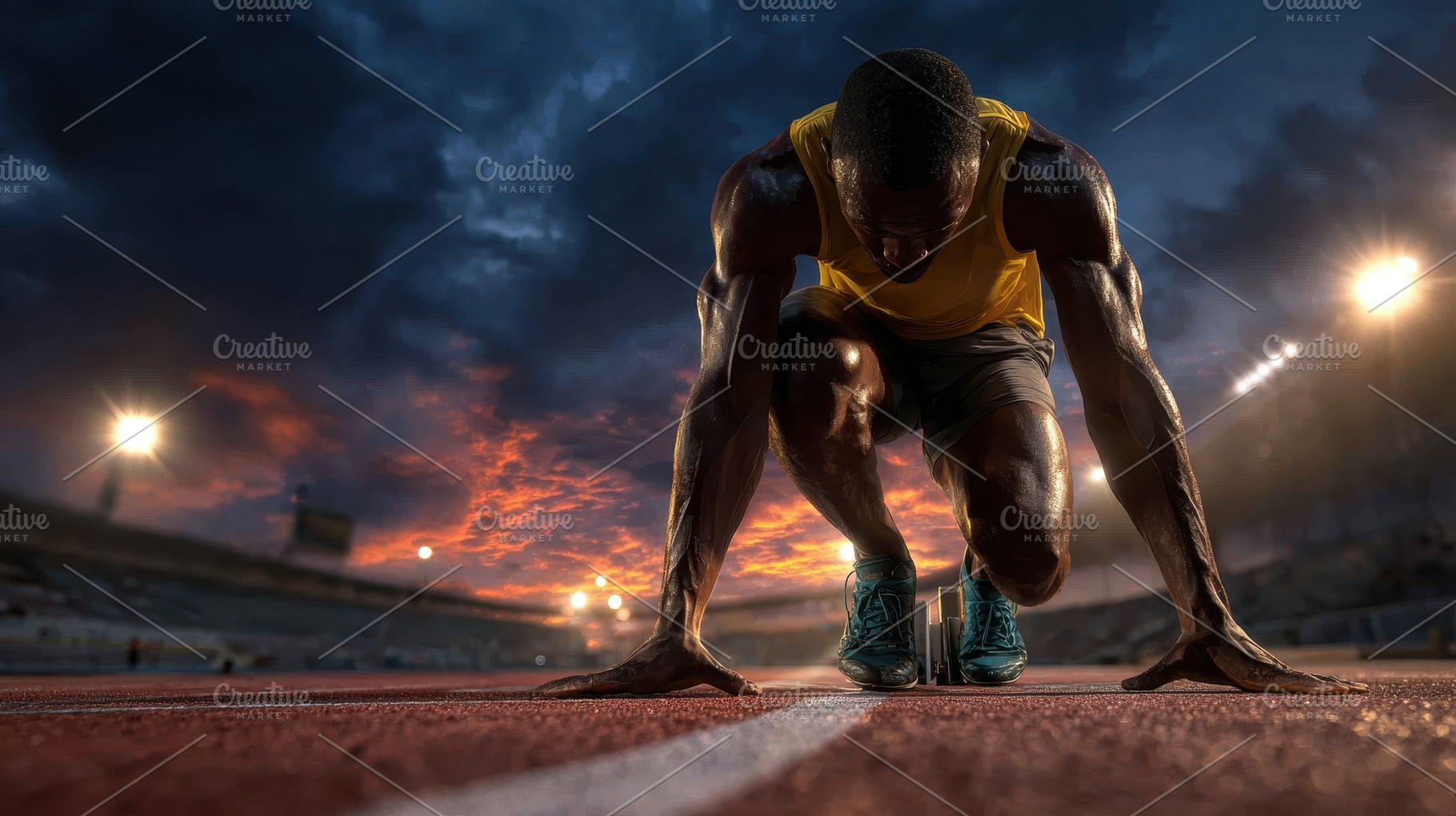 Powerful Athlete Ready to Sprint at, a Photo by Pixeness Studio