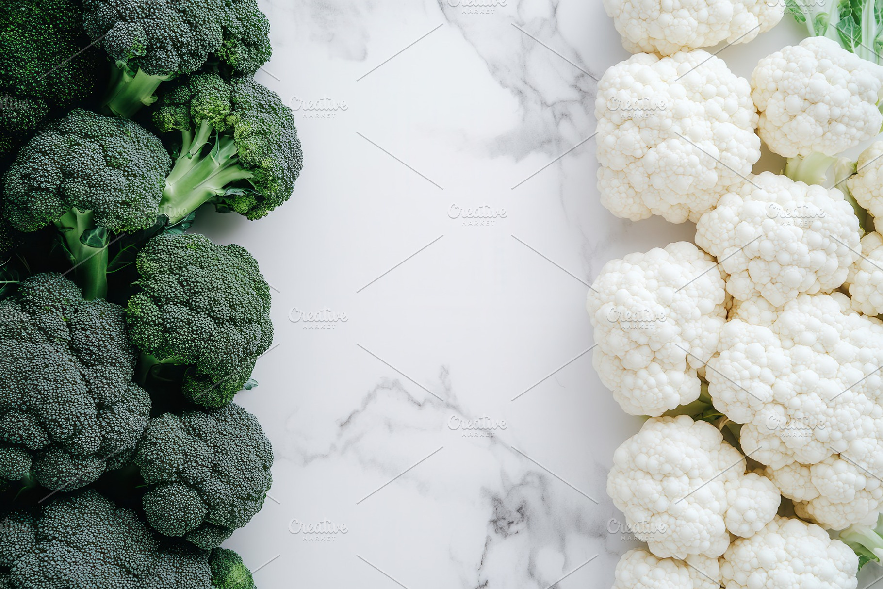Green broccoli and white cauliflower, a Photo by Pavel_design