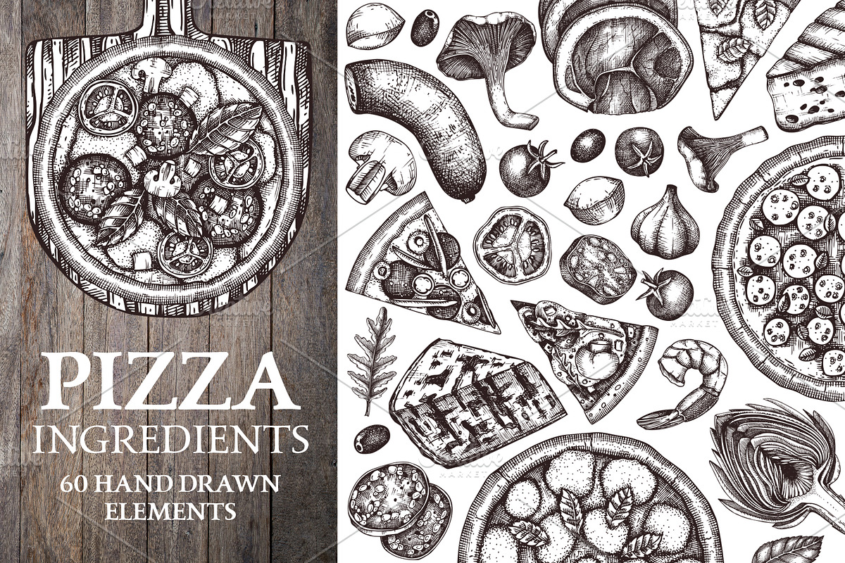 Hand-Drawn Pizza Ingredients Vectors, a Food Illustration by Yevheniia (Photo 1 of 14)