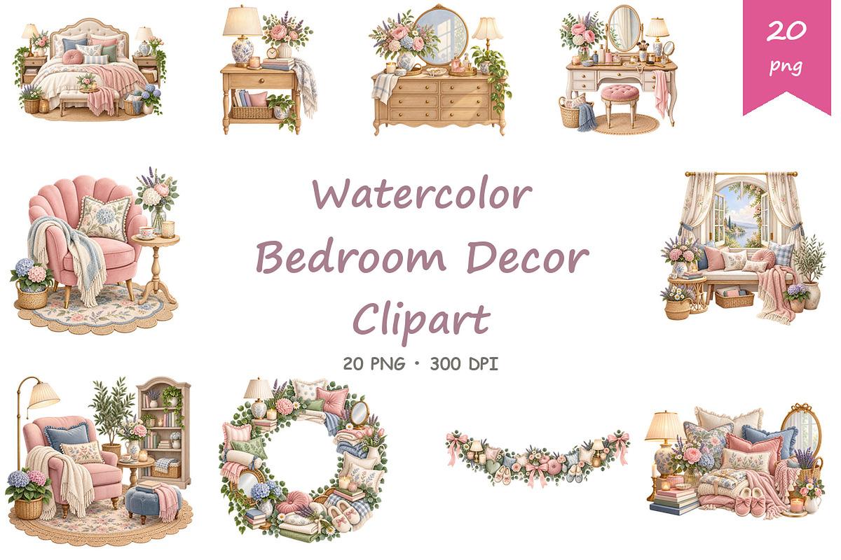 Watercolor Bedroom Decor Clipart, a Decorative Illustration by BerryPieArt (Photo 1 of 4)