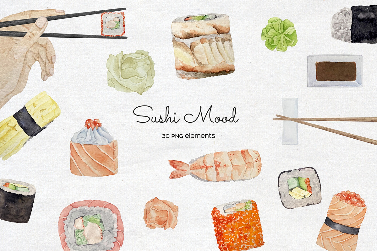 Watercolor Sushi Rolls Clipart, a Food Illustration by Art and Funny (Photo 1 of 7)