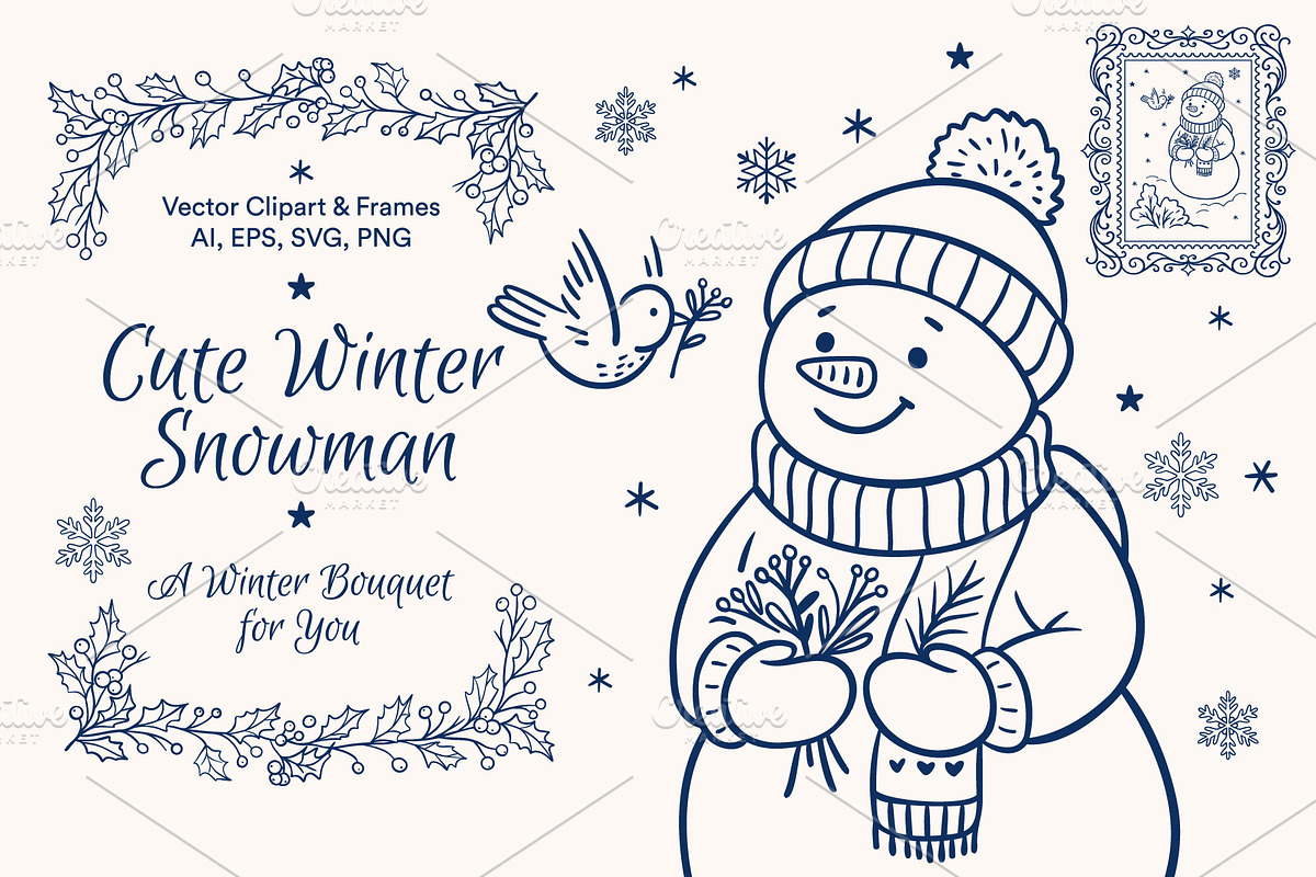 50 Hand-Drawn Winter Snowman Clipart, a Seasonal Illustration by SvetaGallery (Photo 1 of 7)