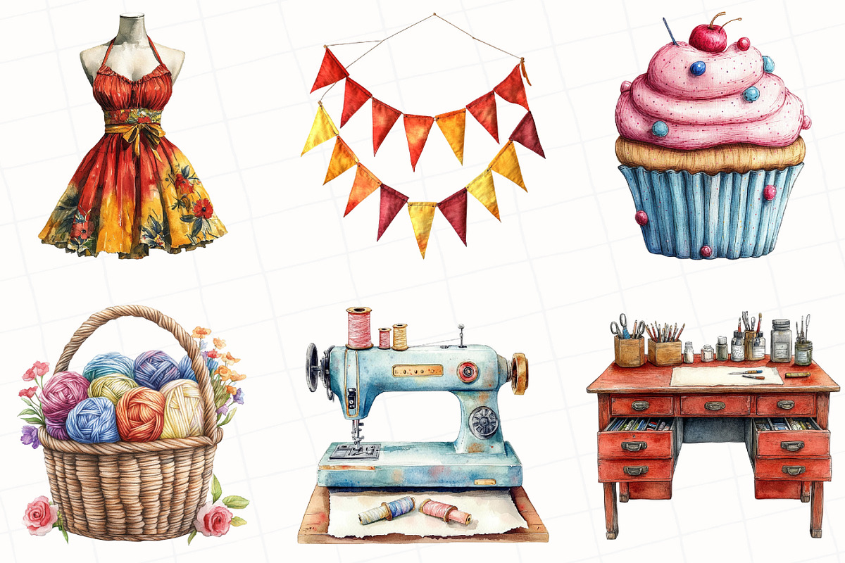 Watercolor Summer Sewing Clipart, an Illustration by OK Design (Photo 5 of 5)