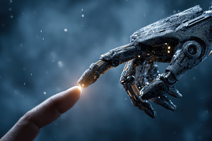 Robotic hand touches human finger fu, a Photo by Pixeness Studio