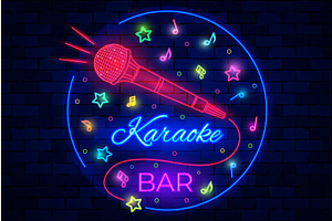 Karaoke bar neon illuminated logo