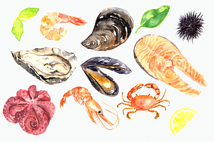 Watercolor Seafood Clip Art Set