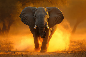 Majestic Elephant Charging Golden Su, an Animal Photo by Pixeness Studio