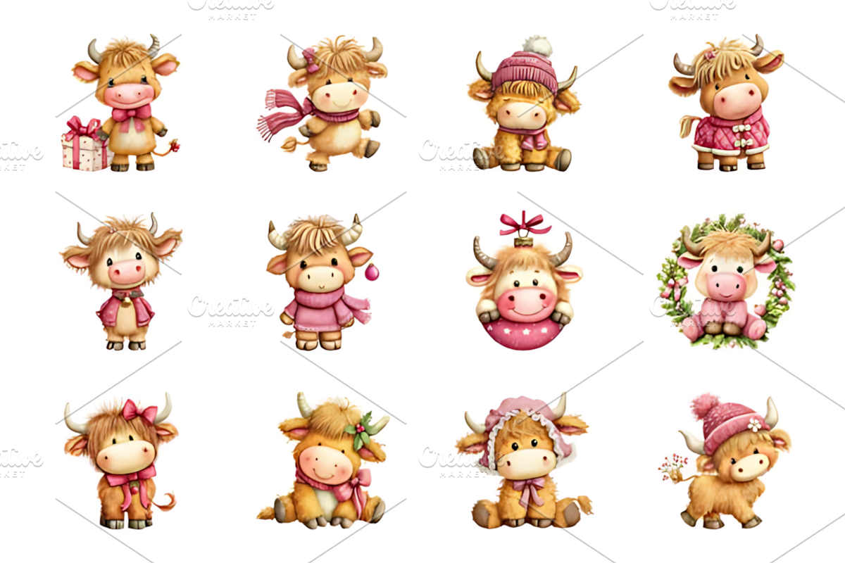 Pink Christmas Highland Cow Clipart, a Seasonal Illustration by Design ...