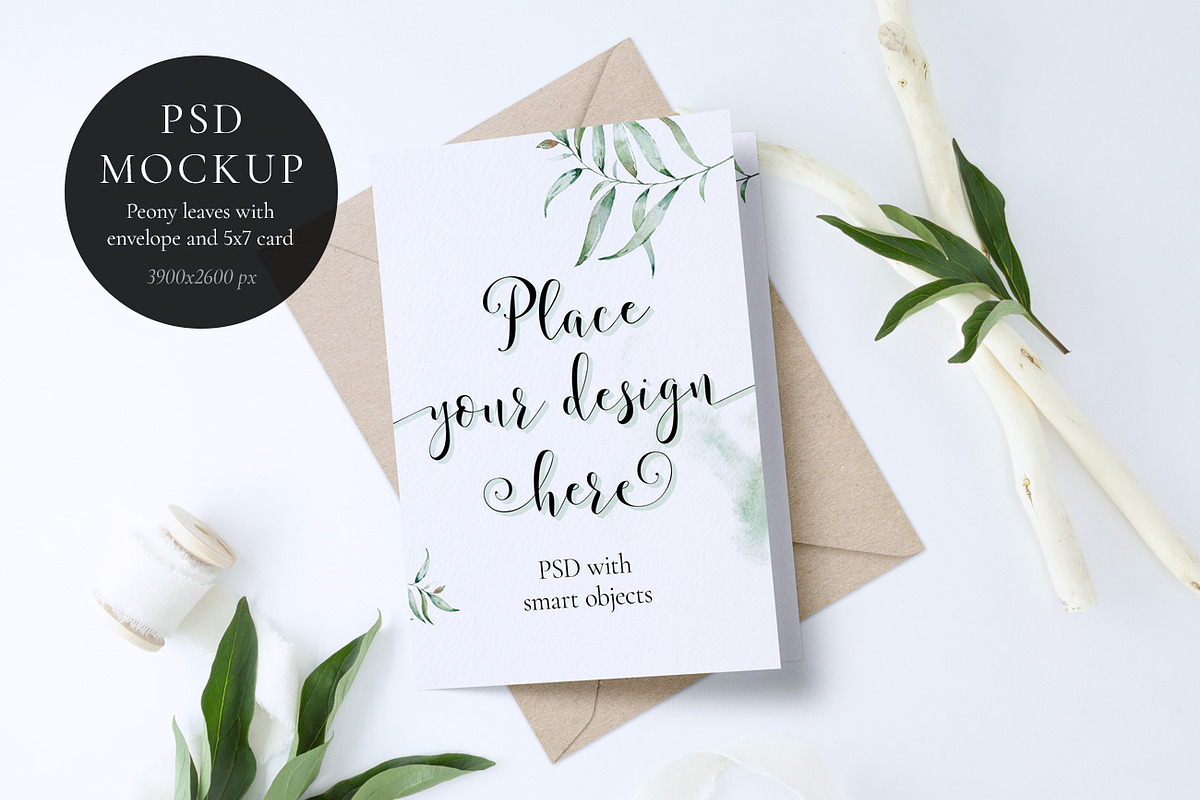 Peony leaves and 5x7 card Mockup, a Print Template by Alice Bluefox (Photo 1 of 9)