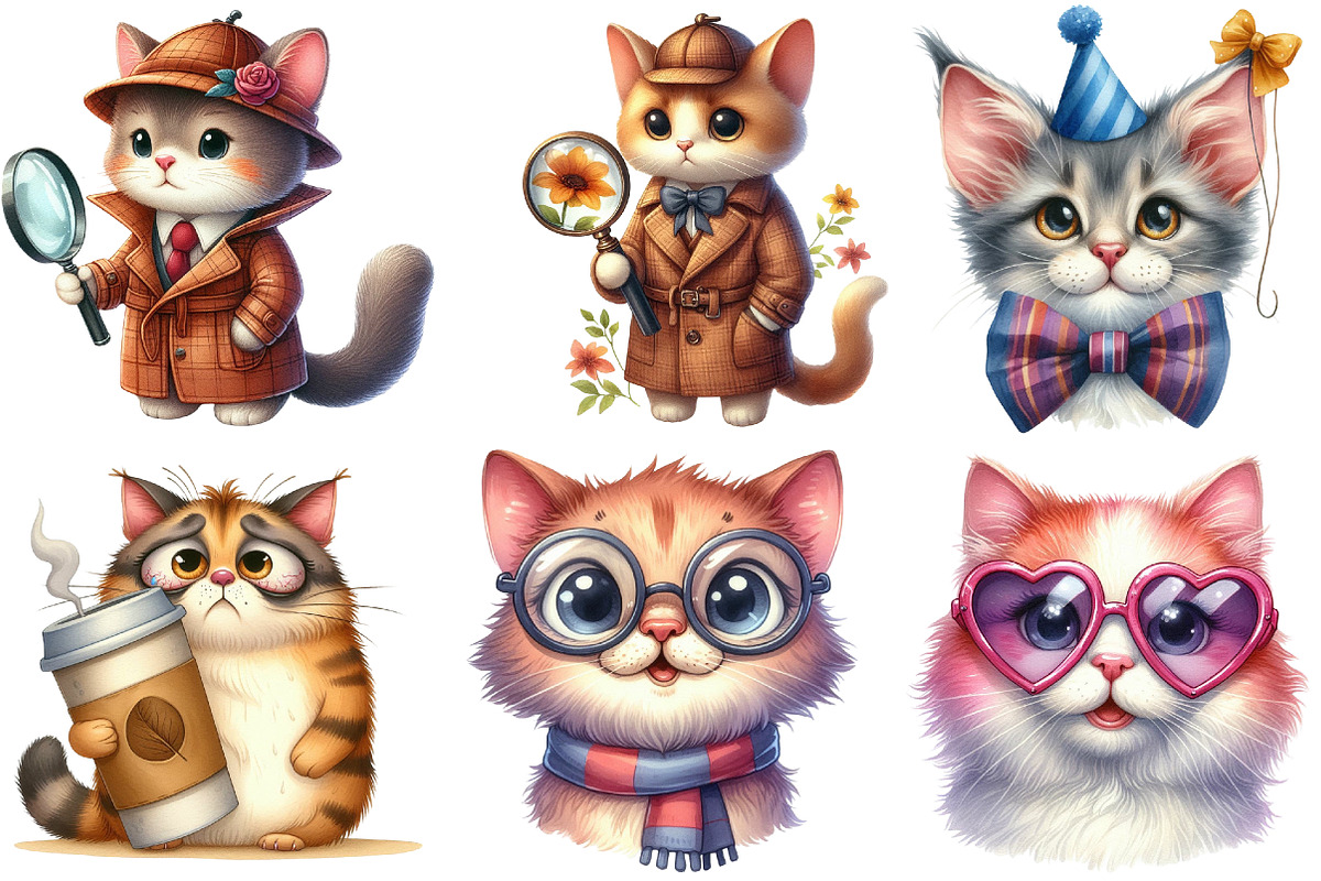 Funny Quirky Cats Clipart, an Illustration by Watercolor design (Photo 3 of 4)