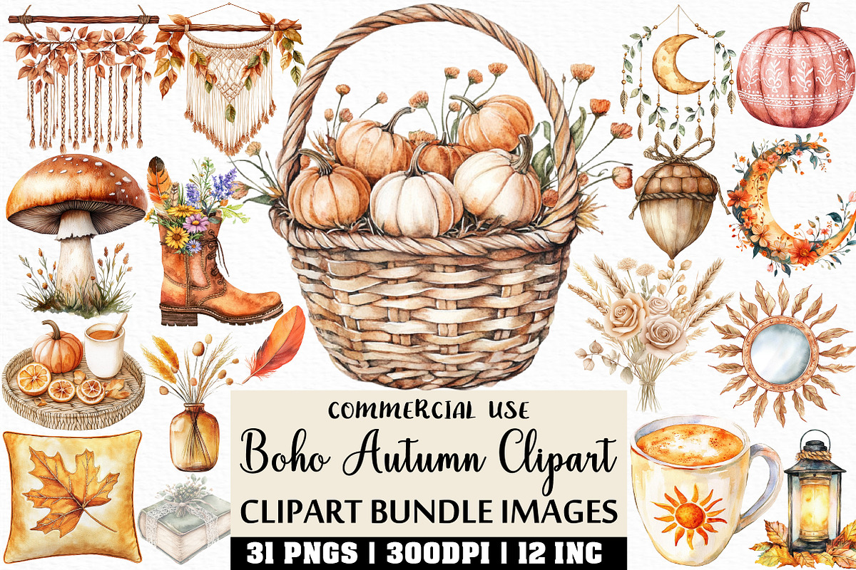 Watercolor Boho Autumn Clipart, an Illustration by Craft Nest (Photo 1 of 6)