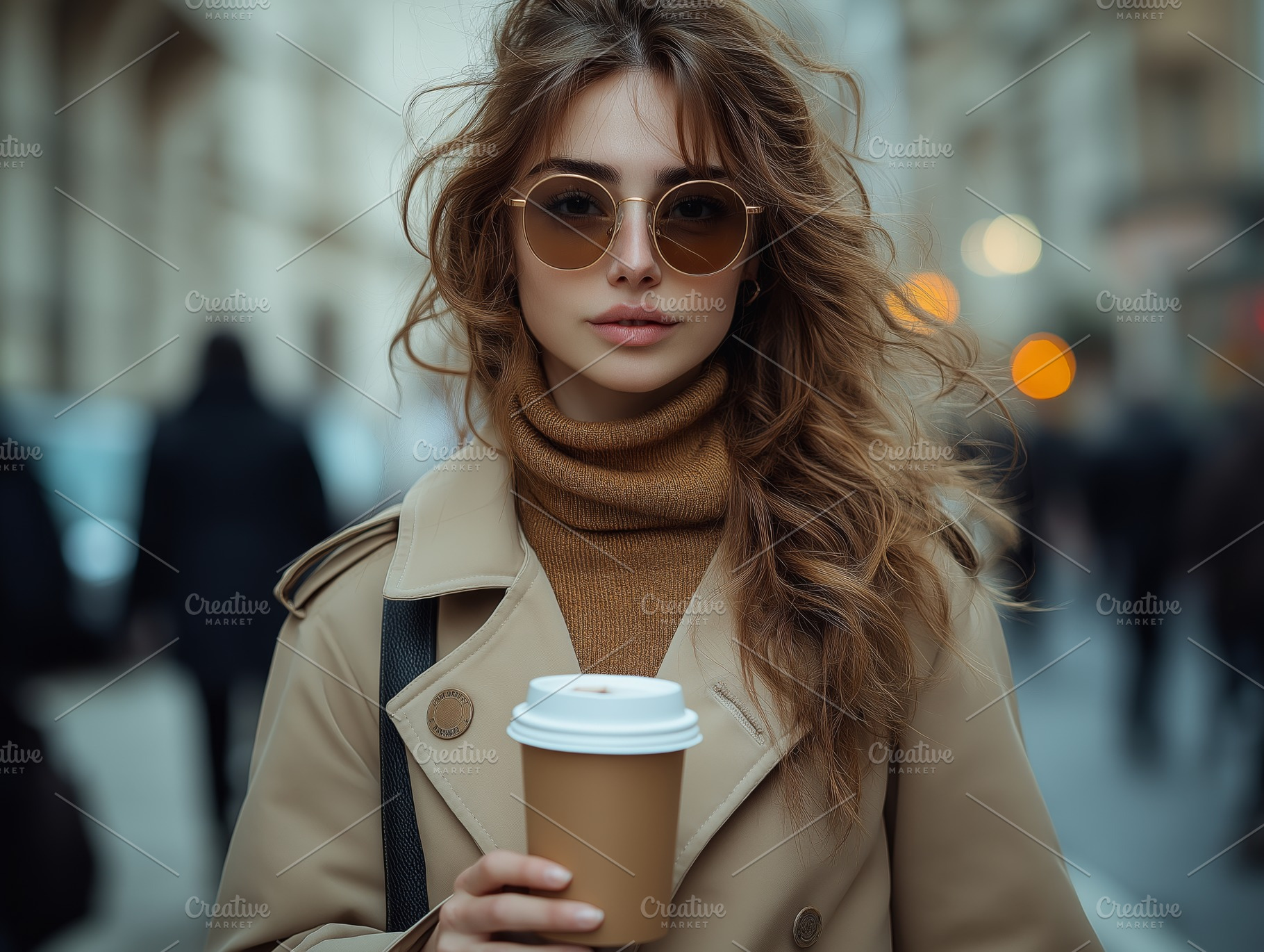 A stylish young woman with wavy hair enjoys coffee on a city street, exuding co, a Person Photo by ImageMir