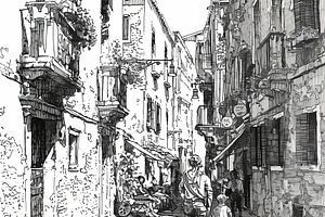 Scenic urban sketch showing a street with people walking in an alley, a Photo by AS photostudio