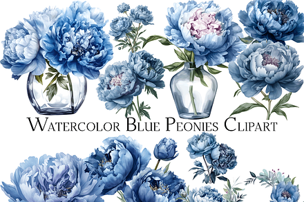 Watercolor Blue Peonies Clipart, an Object Graphic by ArtisticTimberStudio