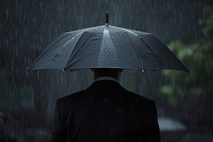 Businessman with black umbrella walking in the rain, a Business Photo by AlyaAnd