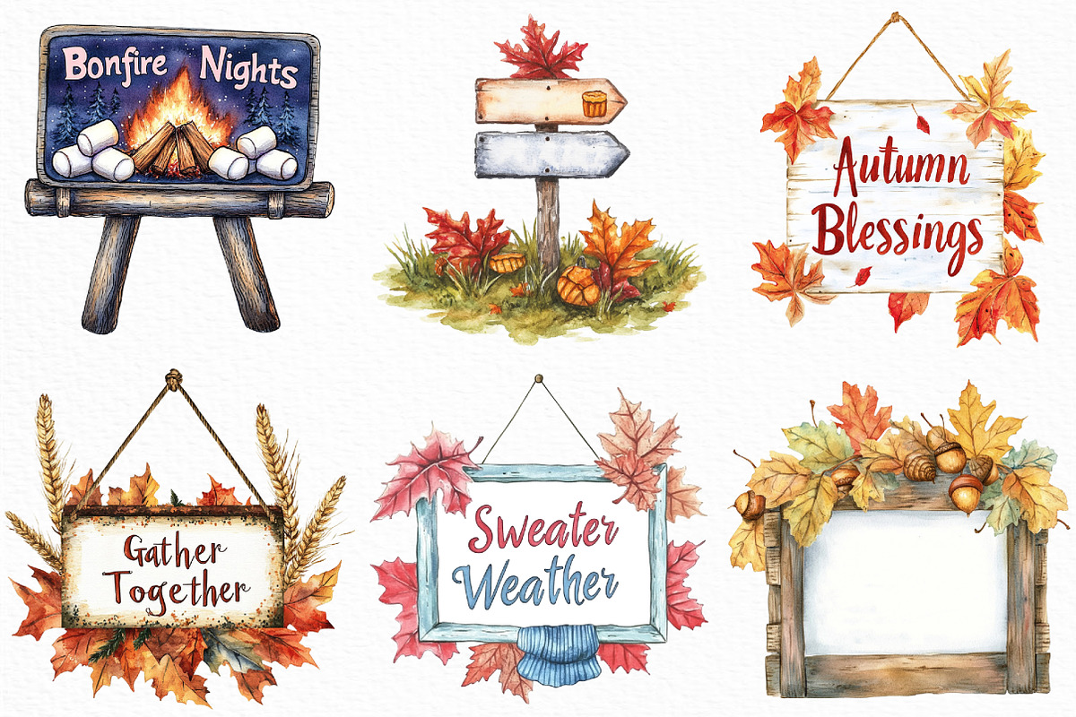 Watercolor Autumn Signs Clipart, an Illustration by Craft Nest (Photo 5 of 6)