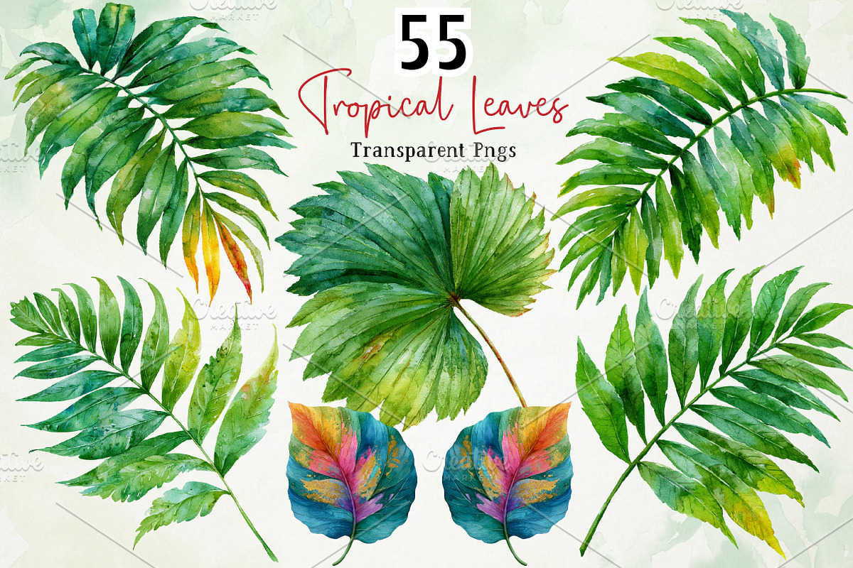 Watercolor Tropical Leaves Clipart, a Seasonal Illustration by RobertsArt (Photo 1 of 7)