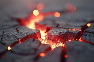 Lava flows through cracked earth creating a glowing, fiery landscape at sunset, a Photo by AlyaAnd